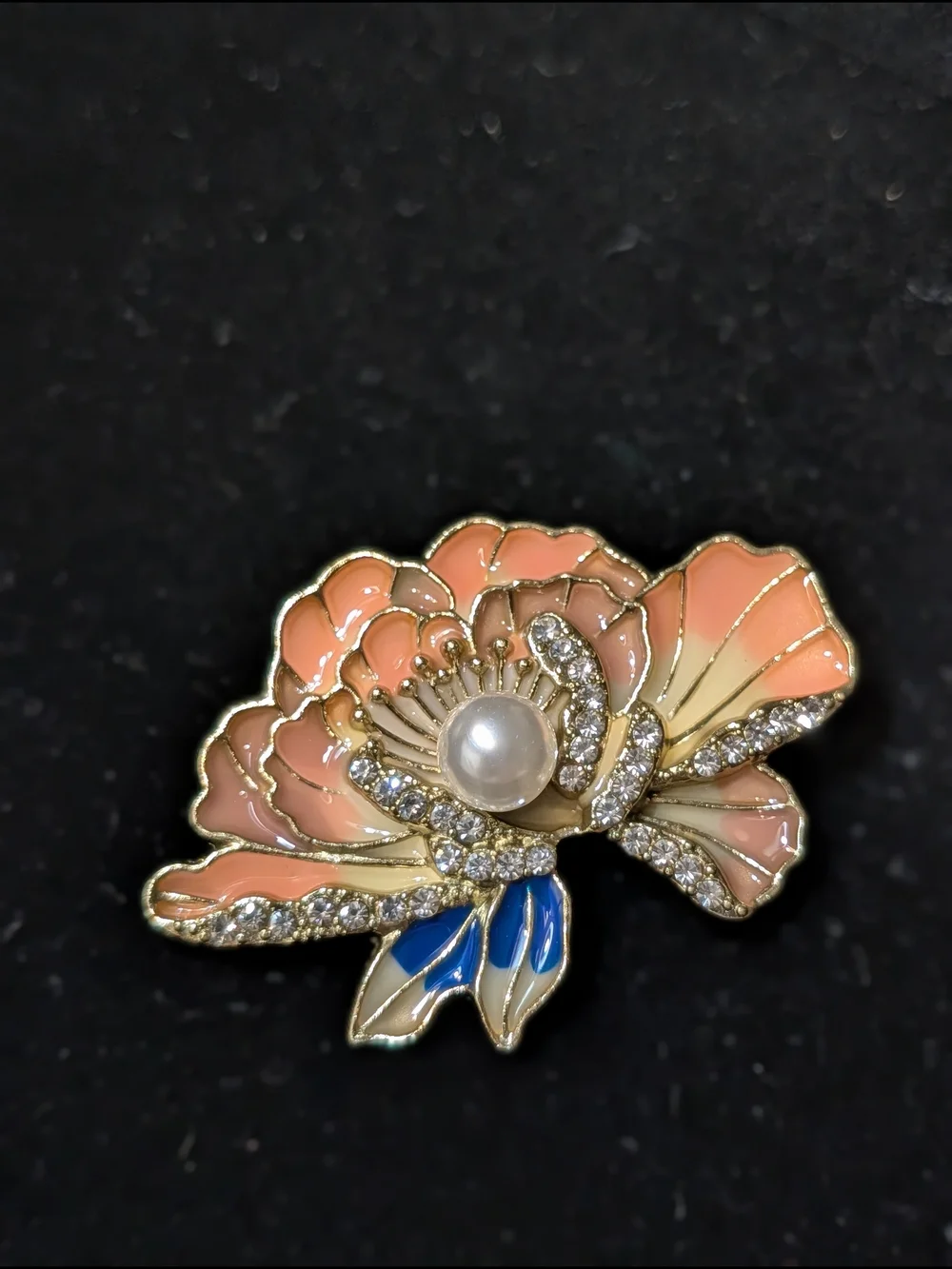 Elegant Pink Enamel Flower Brooch with Pearl and Crystals